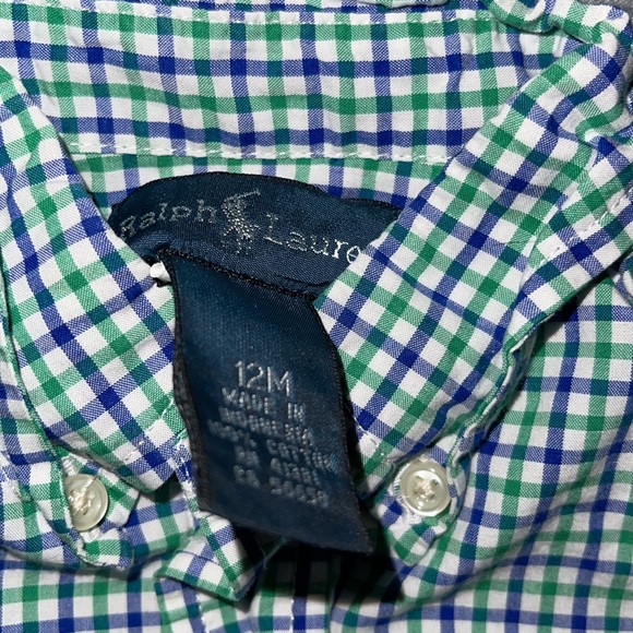 Ralph Lauren long sleeve button down plaid shirt green blue white 12 months - Picture 3 of 3